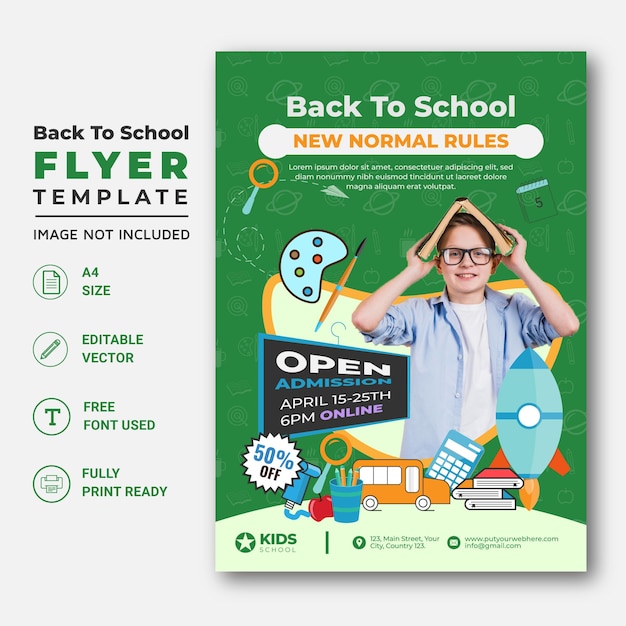 Ritorno a scuola modello di volantino, poster e banner, oggetti educativi per bambini ed elementi.