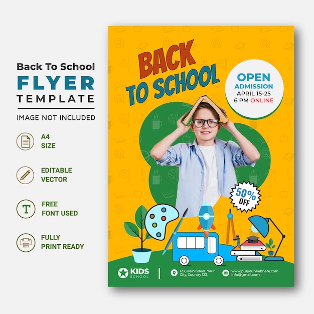 Ritorno a scuola modello di volantino, poster e banner, oggetti educativi per bambini ed elementi.