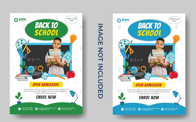 Ritorno a scuola modello di volantino, poster e banner, oggetti educativi per bambini ed elementi.