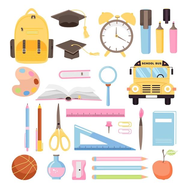 ritorno a scuola set raccolta di vari materiali scolastici