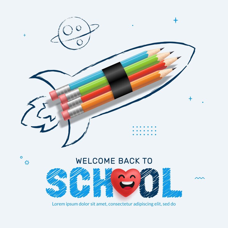 Ritorno a scuola sfondo con matita razzo che si lancia nello spazio. Modello di pagina Web per l'apprendimento online