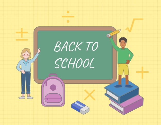 Ritorno a scuola Studenti in possesso di cancelleria scolastica Sfondo impreciso con materiale scolastico disegnato a mano Modello per il design Personaggi dei cartoni animati divertenti