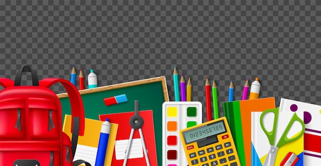 Ritorno al confine degli strumenti scolastici Forniture per l'apprendimento realistico Cancelleria per studenti e sfondo trasparente Composizione del telaio Zaino e matite Accessori per bambini Concetto di vettore