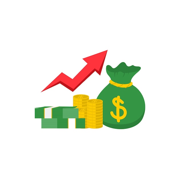 Ritorno dell'investimento Denaro in un sacchetto mucchio di monete freccia Frecce di crescita aziendale per il successo