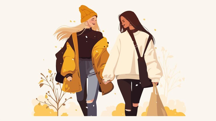Vettore ritratto all'aperto di due giovani e belle donne che camminano insieme