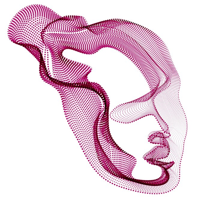 Vettore ritratto artistico astratto della testa umana realizzato con una matrice di particelle punteggiate, illustrazione vettoriale dell'intelligenza artificiale, interfaccia visiva digitale del software.