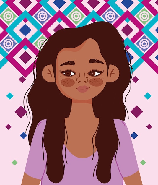 Ritratto del fumetto del carattere ispanico della giovane donna, disegno di vettore del fondo geometrico di colore e illustrazione