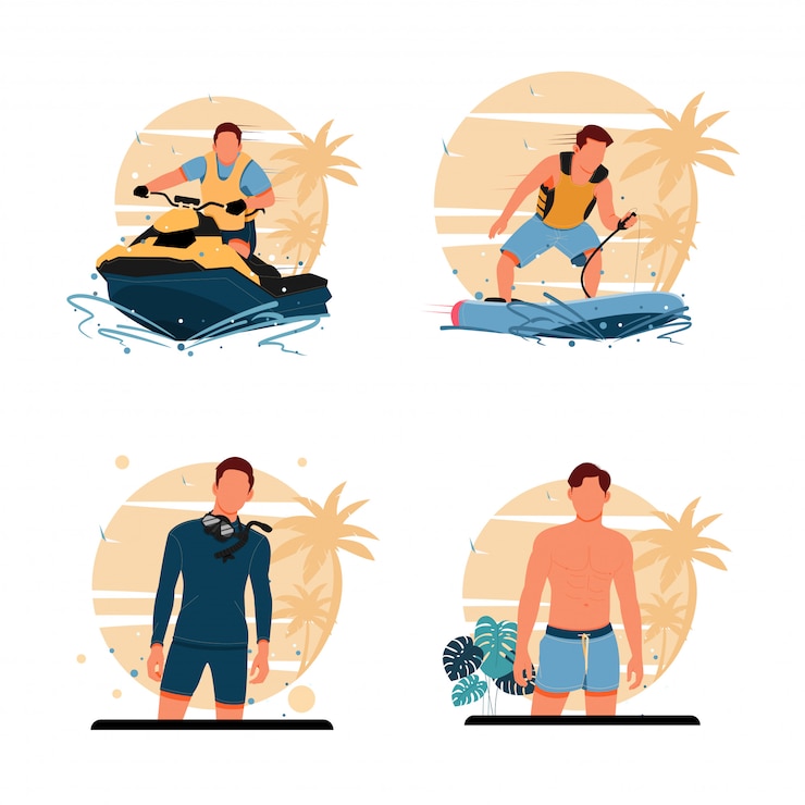 Vettore ritratto delle attività degli uomini sulla spiaggia. concetto di design piatto. illustrazione