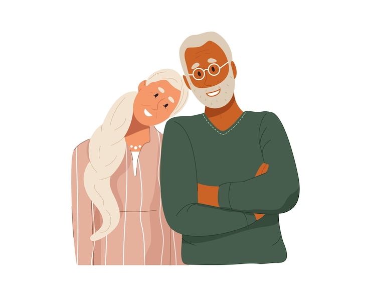 Vettore ritratto di coppia di amore anziano felice. sorridente uomo anziano e donna in piedi insieme. famiglia invecchiata