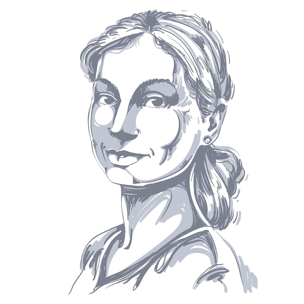 Ritratto di donna delicata e di bell'aspetto, disegno vettoriale in bianco e nero di una ragazza tranquilla e tenera. Immagine dell'idea di espressioni emotive, posa graziosa del modello.