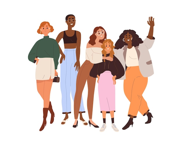 Ritratto di donne diverse. Amici di ragazze felici insieme. Gruppo di donne, comunità di diversa razza, corpo, bellezza. Sorellanza, concetto di solidarietà. Illustrazione vettoriale piatta isolata su sfondo bianco