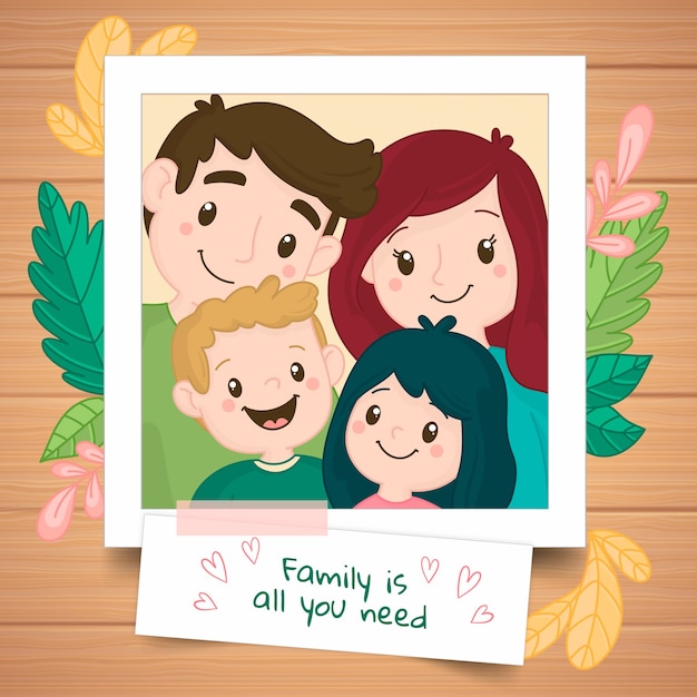 Ritratto di famiglia disegnata a mano in una polaroid