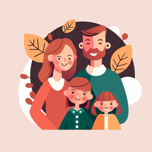 Ritratto di famiglia felice con l'illustrazione vettoriale piatta del genitore dei bambini