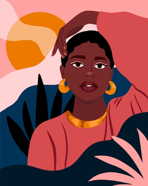 Ritratto di giovane donna afroamericana alla moda in stile piatto Illustrazione vettoriale di ragazza forte nera