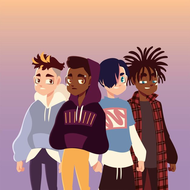 Ritratto di gruppo di sorridenti moderni amici adolescenti acconciatura vestiti alla moda, giovane cultura illustrazione