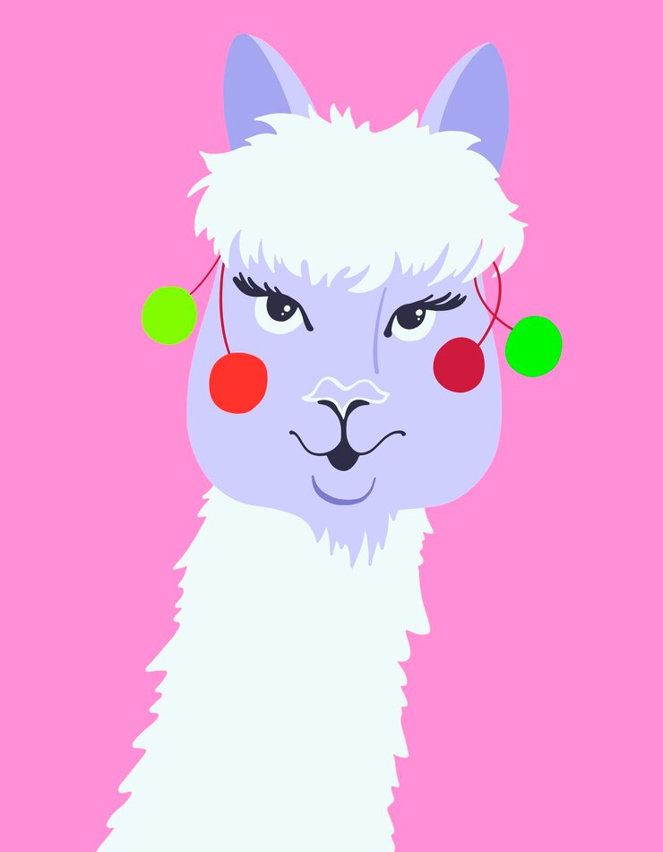 Vettore ritratto di lama divertente in testa di alpaca stile piatto su dorso rosa