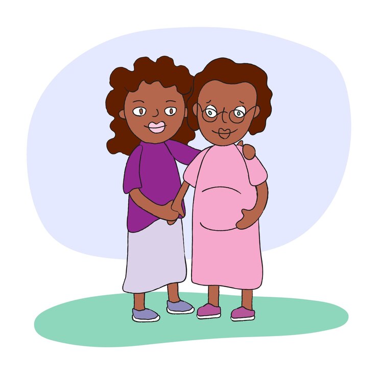 Vettore ritratto di mogli afro e donna afro incinta. la donna abbraccia la fidanzata. donna che tiene la sua pancia