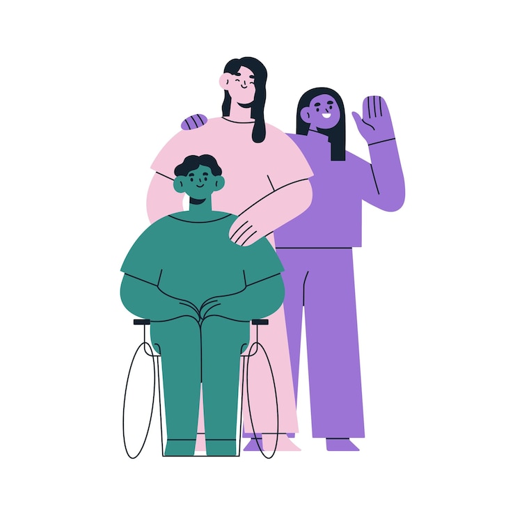 Vettore ritratto di persone felici e diverse gruppo di amici persona con disabilità in sedia a rotelle giovane personaggio moderno astratto in piedi insieme illustrazione vettoriale grafica piatta isolata su sfondo bianco