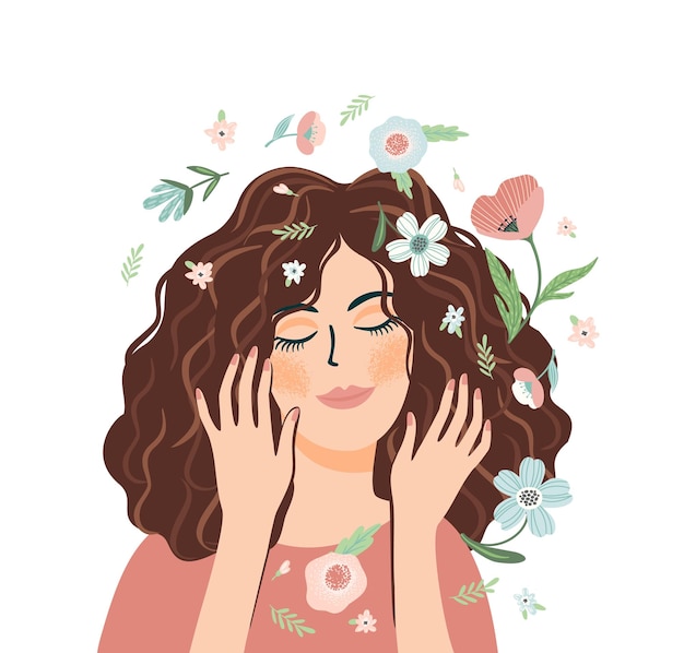 Ritratto di ragazza carina con fiori Cura di sé amore amore armonia Illustrazione isolata