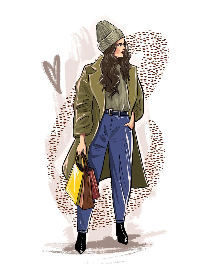 Vettore ritratto di un disegno a mano giovane e bella donna. la ragazza è impegnata nello shopping. ragazza con gli acquisti. illustrazione di schizzo