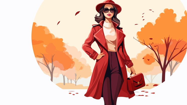 Vettore ritratto di una donna elegante con una borsa di borgogna in primo piano