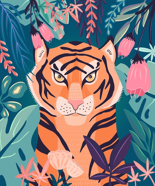 Ritratto di una tigre in una giungla circondata da piante colorate. Illustrazione vettoriale.