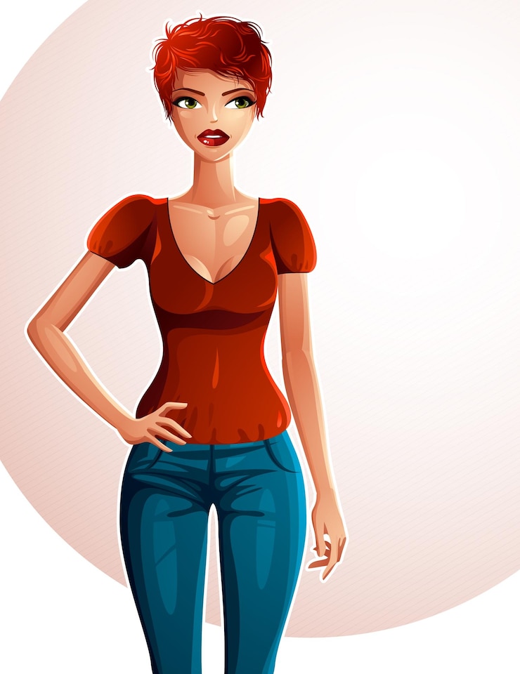 Vettore ritratto integrale della donna di flirt sexy. bella ragazza dai capelli rossi che tiene le mani su una vita, espressioni di persone.