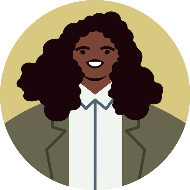 Ritratto moderno e minimalista di una donna d'affari sorridente con lunghi capelli ricci che indossa una camicia bianca e una giacca ideale per foto di profilo o avatar aziendali