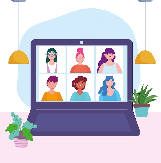 riunione o conferenza online durante il coronavirus covid 19, illustrazione di concetto di lavoro del collegamento della gente del computer portatile