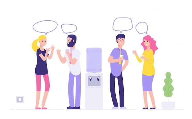 Riunione più fredda dell'ufficio. Fumetti di conversazione dell'acqua potabile delle donne degli uomini al concetto informale sociale di affari dell'erogatore più fresco
