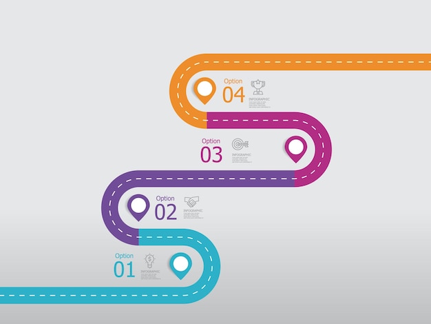 Roadmap timeline step elemento infografico background della relazione con icona della linea di attività 4 passaggi