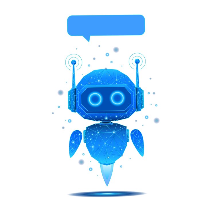 Robot AI poligonale con bolla vocale su sfondo trasparente Chatbot futuristico