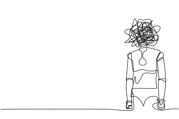 Robot che disegna una sola linea con scarabocchi rotondi al posto della testa frustrato confusione di ansia
