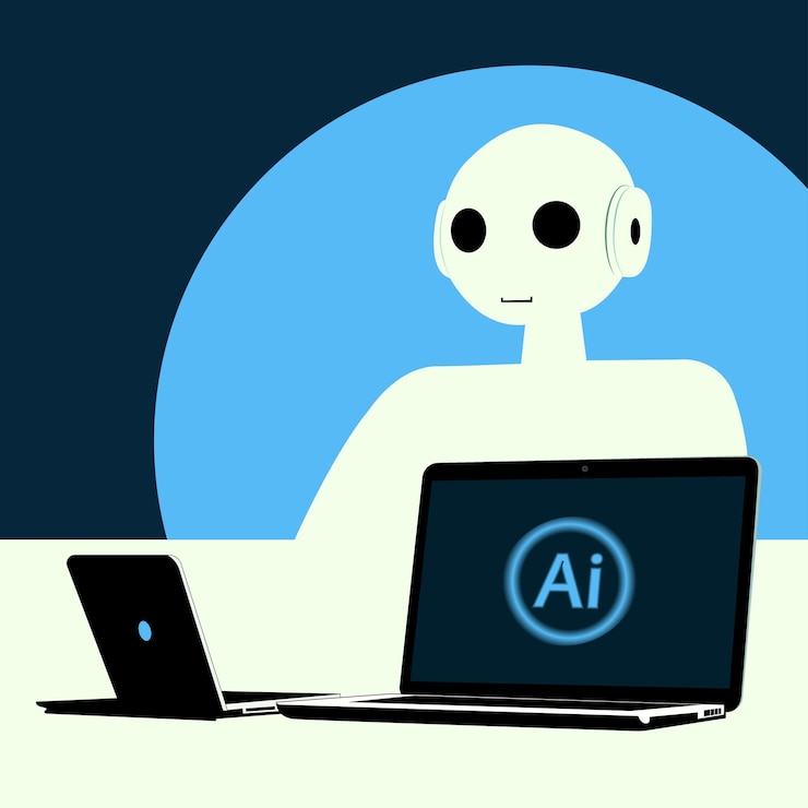 Vettore robot che fa lavoro d'ufficio robot seduto davanti a un laptop