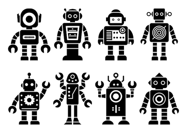 Robot che impostano icone nere divertenti felici Tecnologia delle macchine silhouette di cyborg umanoide futuristico