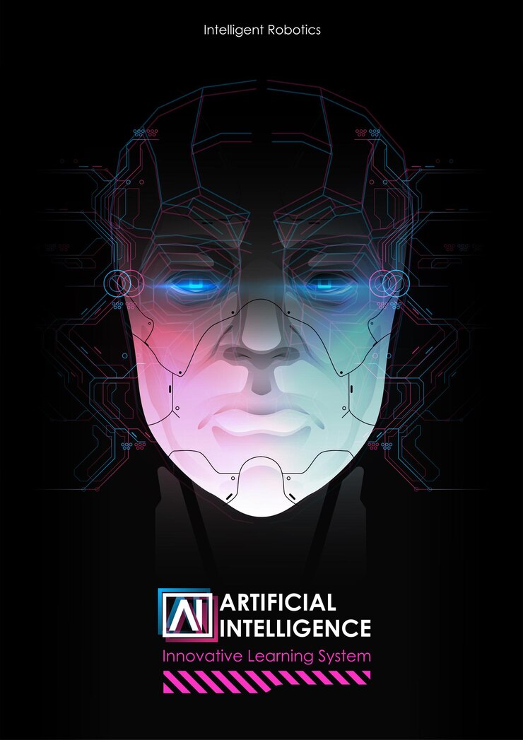 Vettore robot con intelligenza artificiale che lavora con interfaccia virtuale.