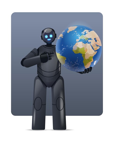 Robot cyborg che tiene il pianeta terra globo moderno carattere robotico tecnologia di intelligenza artificiale