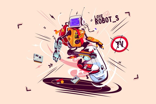 robot del computer divertente sul bordo volante illustrazione vettoriale robot dei cartoni animati con intelligenza artificiale