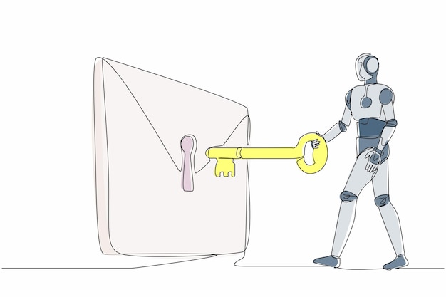 Robot di disegno a linea singola che mette la chiave grande nella posta Vettore di progettazione di protezione dei messaggi digitali