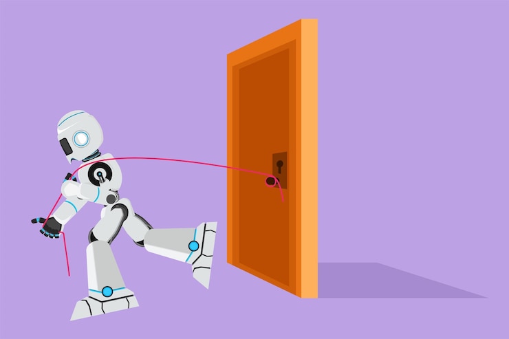 Vettore robot di disegno in stile piatto cartone animato che si sforza di tirare il telaio della porta pesante con la corda lotte di affari forza per il successo intelligenza artificiale robotica moderna illustrazione vettoriale di progettazione grafica