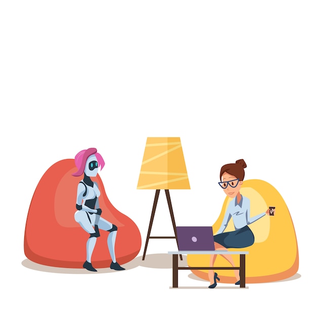 Robot e donna con il computer portatile nella sedia della borsa di fagiolo