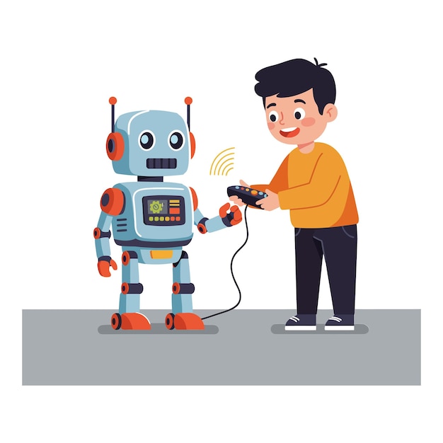 Robot e ragazzo che giocano a videogiochi in arte vettoriale piatta e colorata