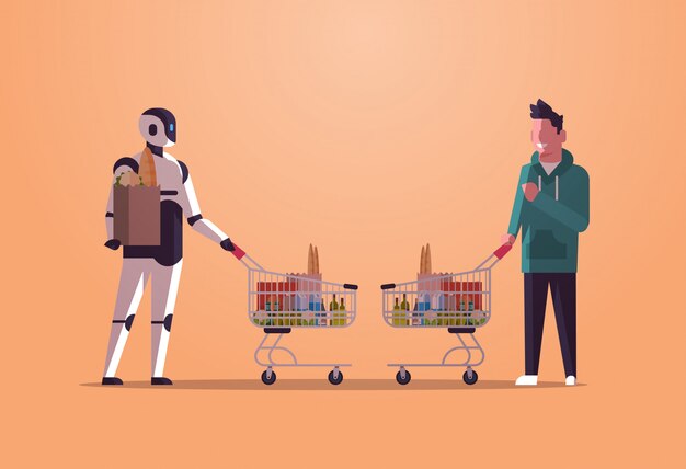 Robot e umani spingendo i carrelli del carrello pieno di generi alimentari robot carattere vs uomo in piedi insieme shopping concetto di tecnologia di intelligenza artificiale orizzontale a figura intera