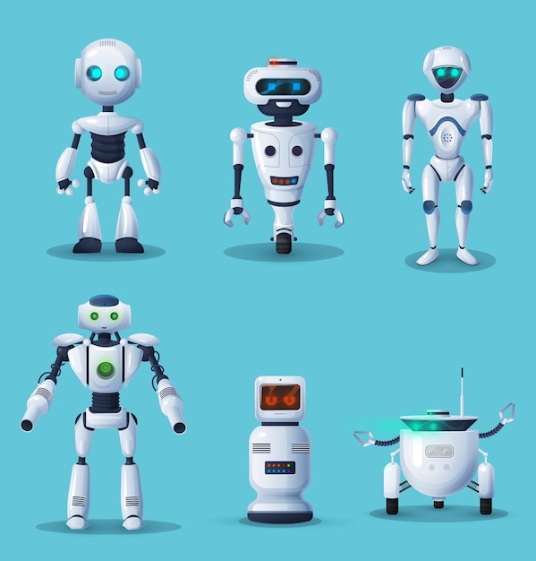 Robot futuri e personaggi dei cartoni animati di androidi