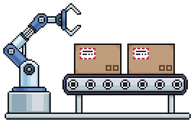 Robot industriale pixel art con nastro trasportatore e scatole Icona vettore linea di produzione per giochi a 8 bit