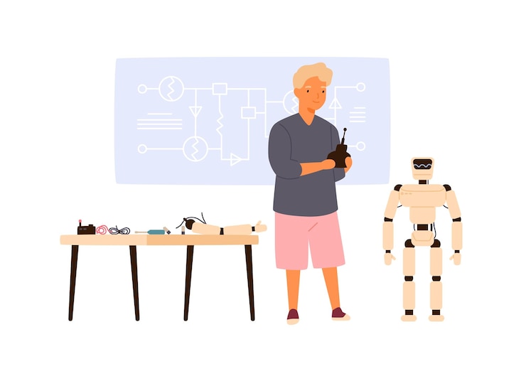 Vettore robot intelligente per bambini tramite telecomando. costruttore del ragazzo che crea l'intelligenza artificiale. invenzione da giovane ingegnere. tecnologia moderna. illustrazione isolata del fumetto di vettore piatto su bianco.