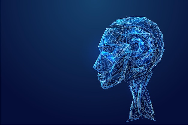 Robot Intelligenza artificiale Vista laterale della testa Basso poli blu Scienza astratta poligonale blu