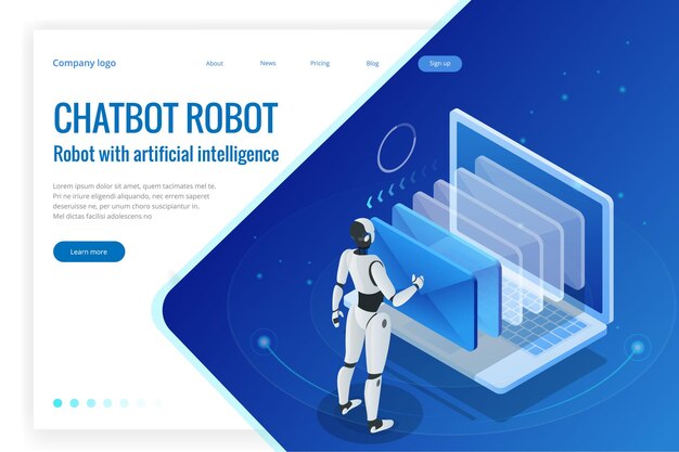 Robot isometrici uomo con intelligenza artificiale che lavora con un'interfaccia virtuale nelle e-mail di chatbot. Illustrazione di vettore del testo sociale della chat online del messaggio.