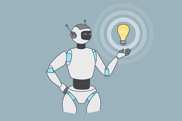 Robot o umanoide tenere la lampadina generano un'idea
