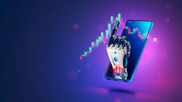 Robot trader AI for automation trading on stock market Hand robot point at candlestick graph on screen phone Artificial intelligence trader Artificial Neural network in App for Online trading